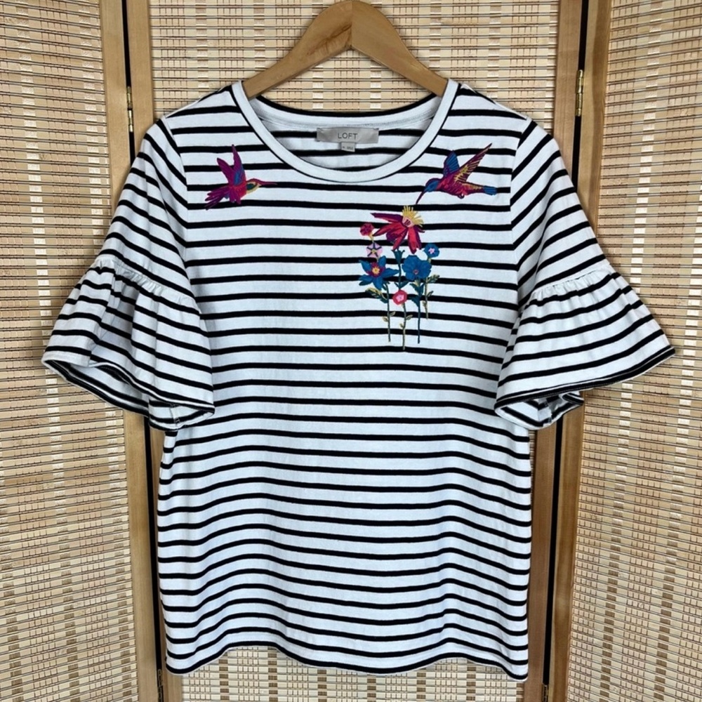 Loft Hummingbird Embroidered Bell Sleeve Striped Top